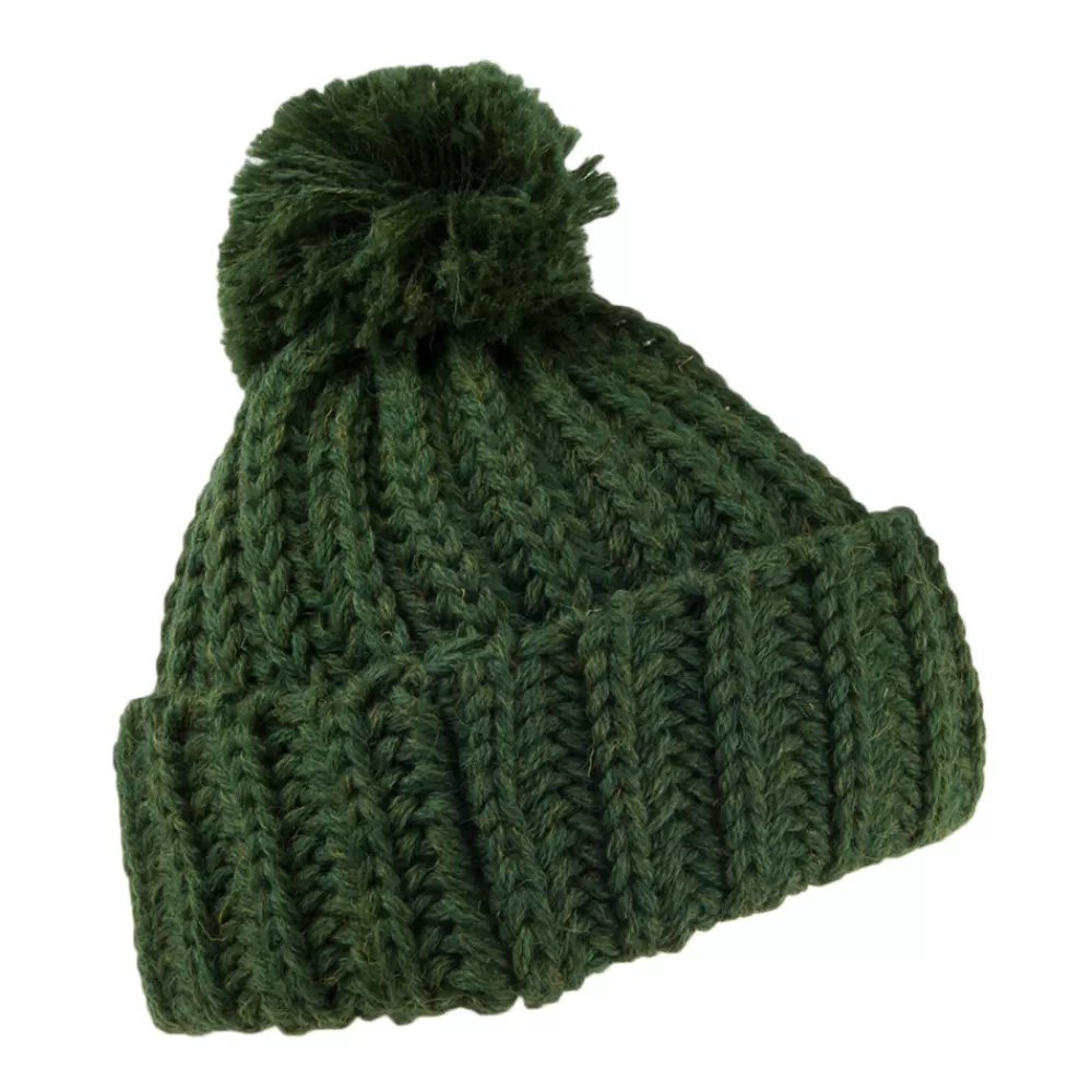 Bonnets À Pompon | Bonnets^Highland 2000 Bonnet à Pompon et Revers en Laine Anglaise Grosse Maille forêt