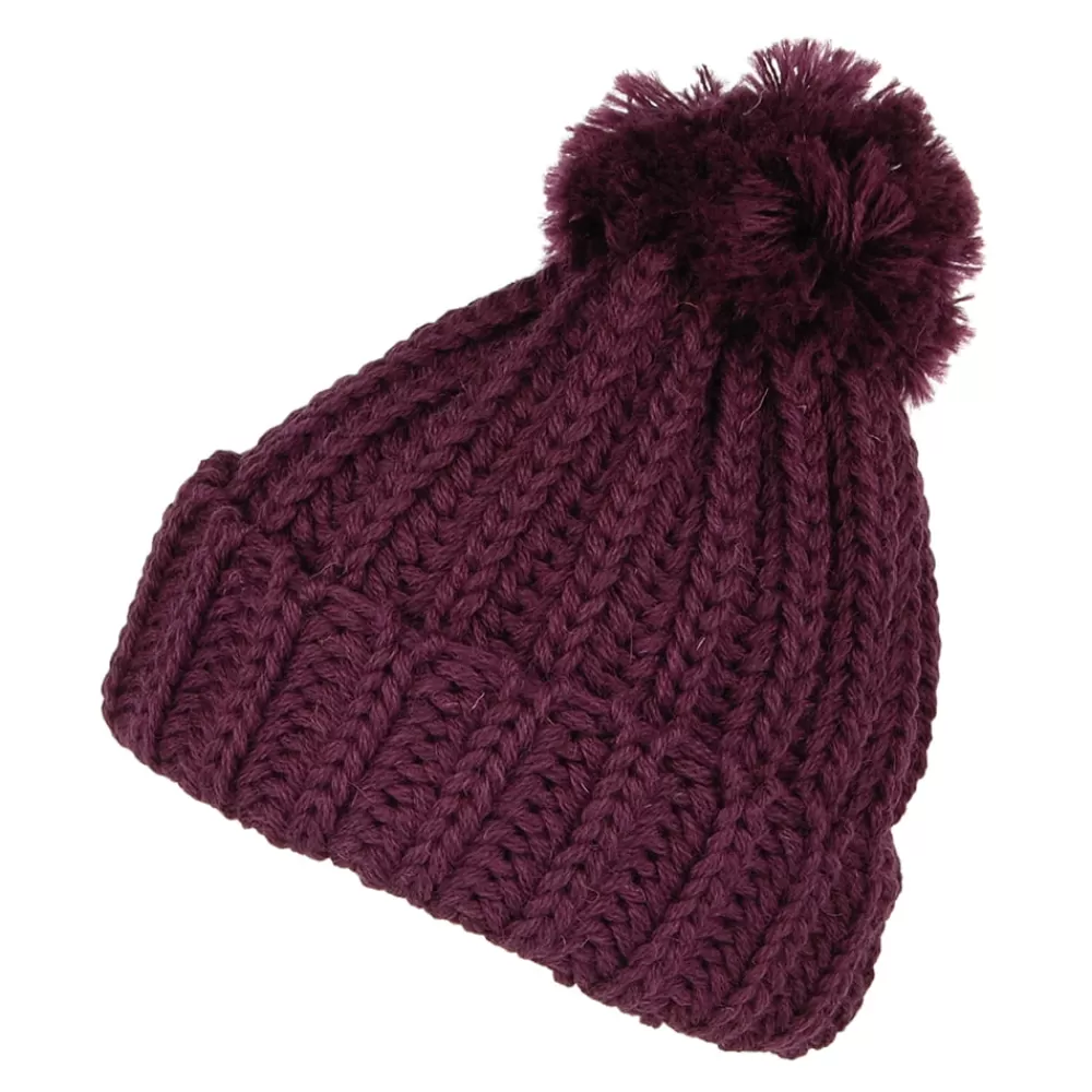 Bonnets À Pompon | Bonnets^Highland 2000 Bonnet à Pompon et Revers en Laine Anglaise Grosse Maille prune