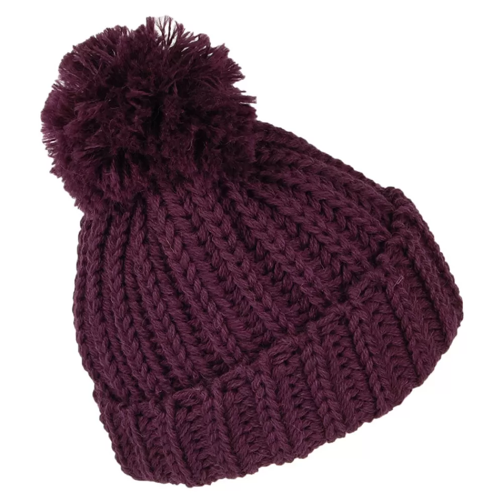 Bonnets À Pompon | Bonnets^Highland 2000 Bonnet à Pompon et Revers en Laine Anglaise Grosse Maille prune
