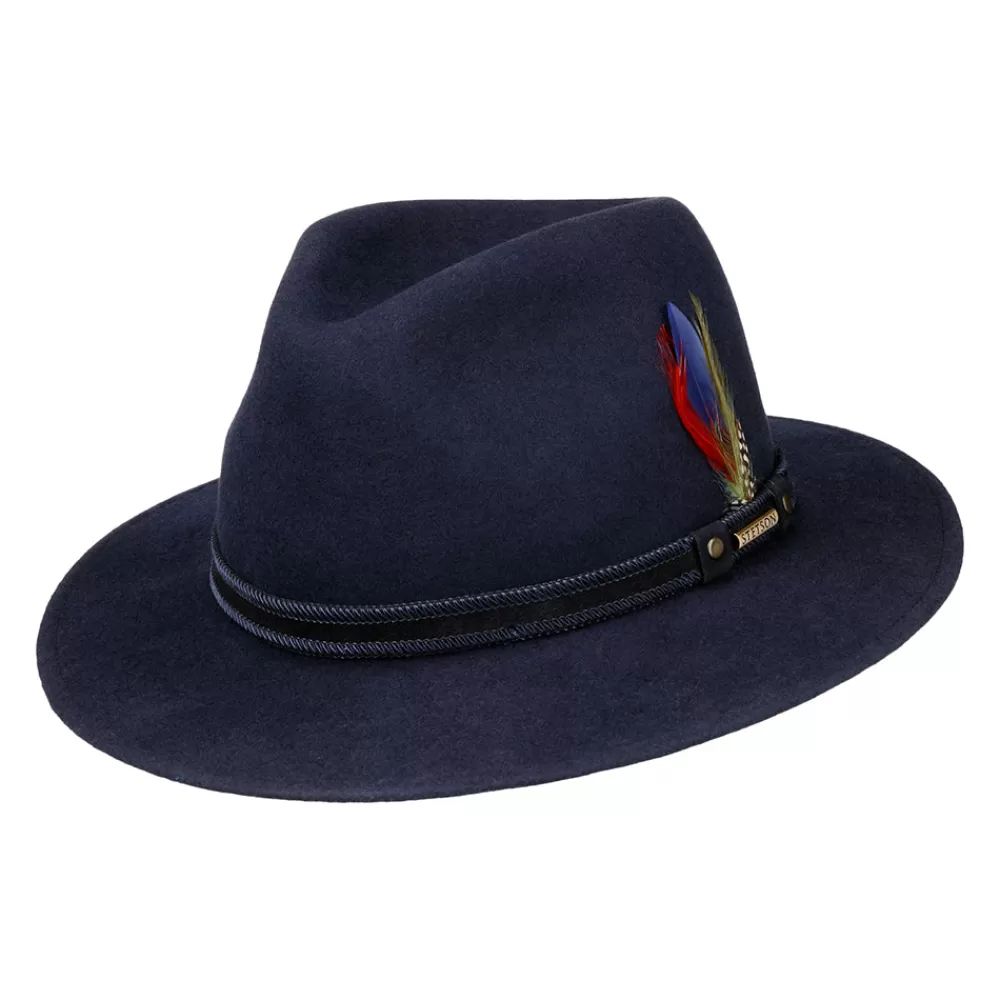 Chapeaux Trilby | Chapeaux Fedora^Stetson Chapeau Fedora Safari en Laine Feutrée Hydrofuge Tenvelco Traveller bleu marine